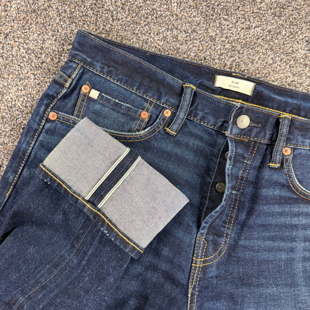 AE77 American Eagle New York Slim Selvedge Jean Men 32x34 Indigo Blue Button Fly